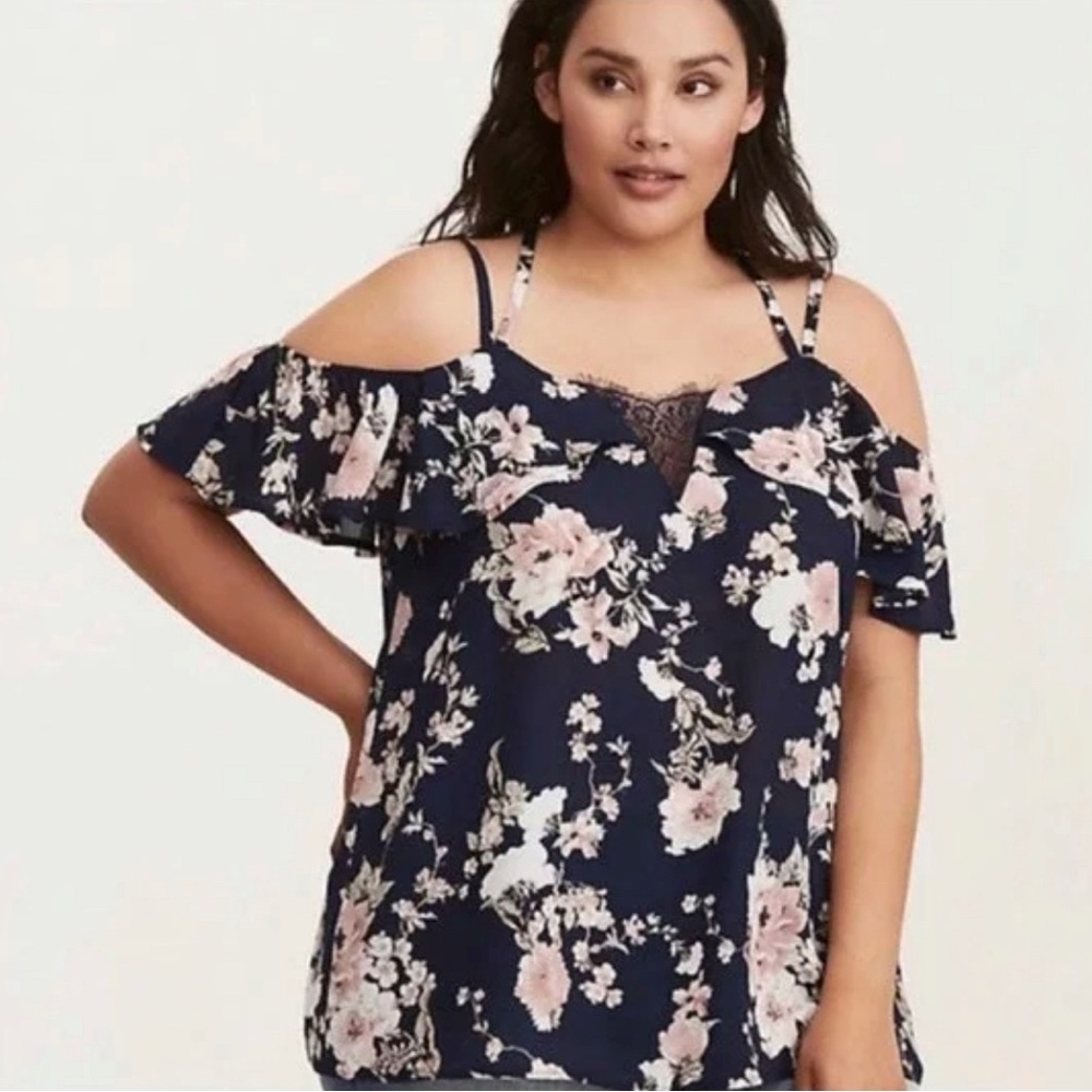 Torrid Babydoll Navy Floral Strappy Back Flutter Cold Shoulder